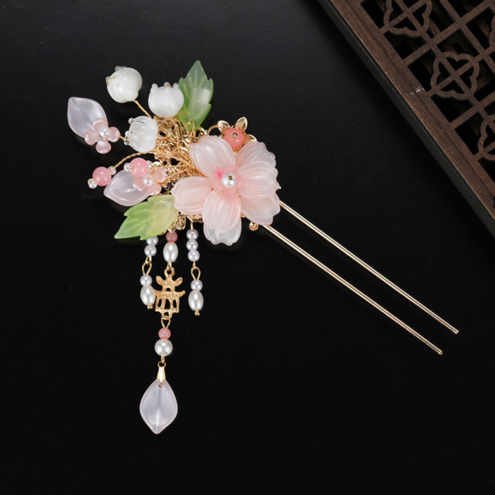 Pearl Hair Pin - 우아한 핑크 꽃 머리핀 레트로 중국