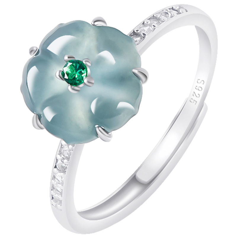 Women Accessories To Gift - 블루 버마산 경옥 꽃 반지 925