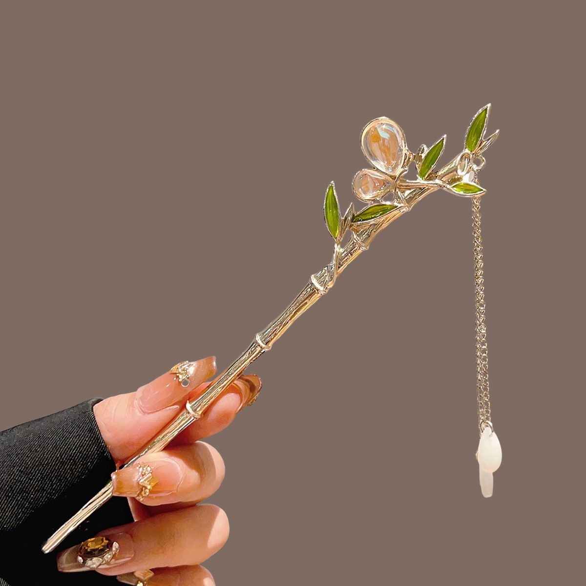 Pearl Hair Pin - 녹색 대나무 태슬 헤어 스틱, 한복