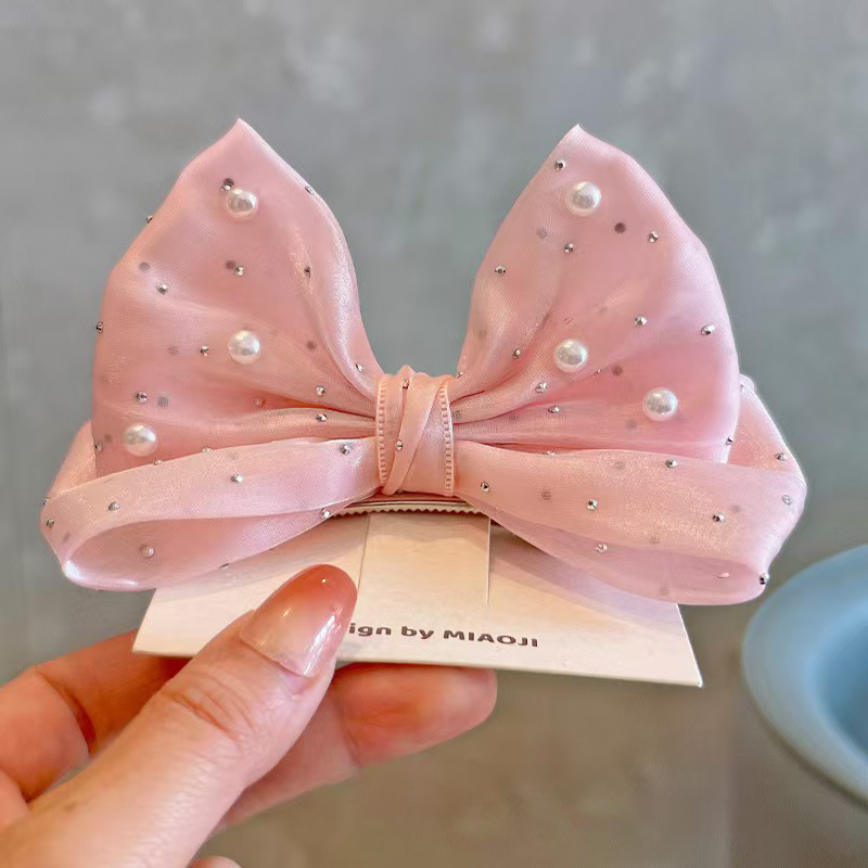 새로운 진주 리본 소녀 헤어웨어 메쉬 벨벳 헤어 클립  - Accessories Brand For Women 리뷰 및 가격