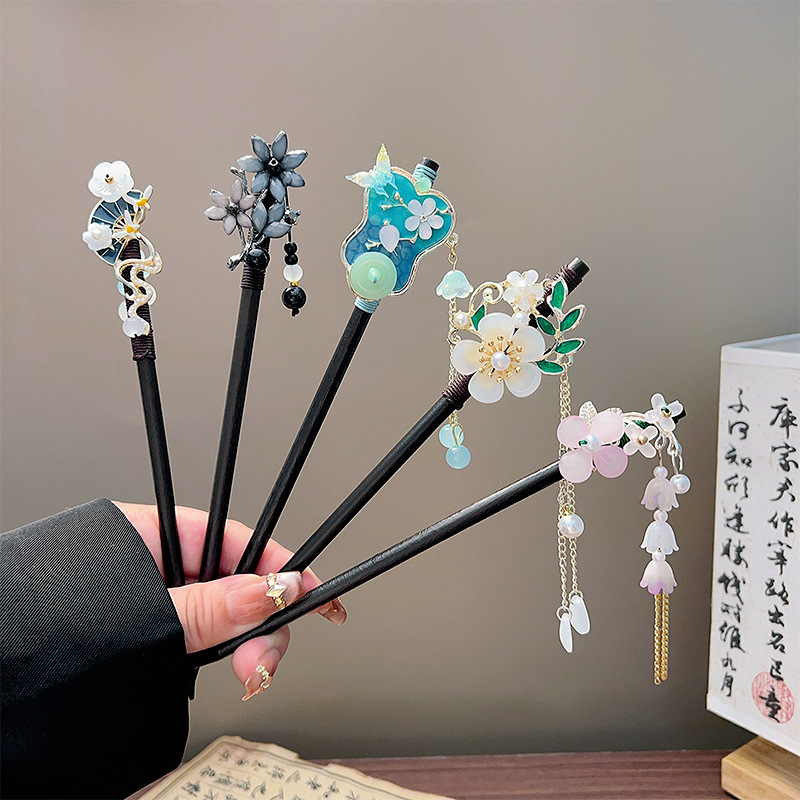 클래식 태슬 헤어 스틱 블랙 나무 꽃 진주 머리핀 중국 - Pearl Hair Pin 리뷰 및 가격