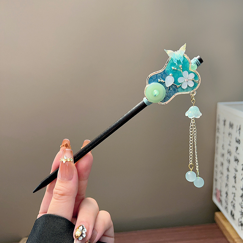 클래식 태슬 헤어 스틱 블랙 나무 꽃 진주 머리핀 중국 - Pearl Hair Pin 리뷰 및 가격